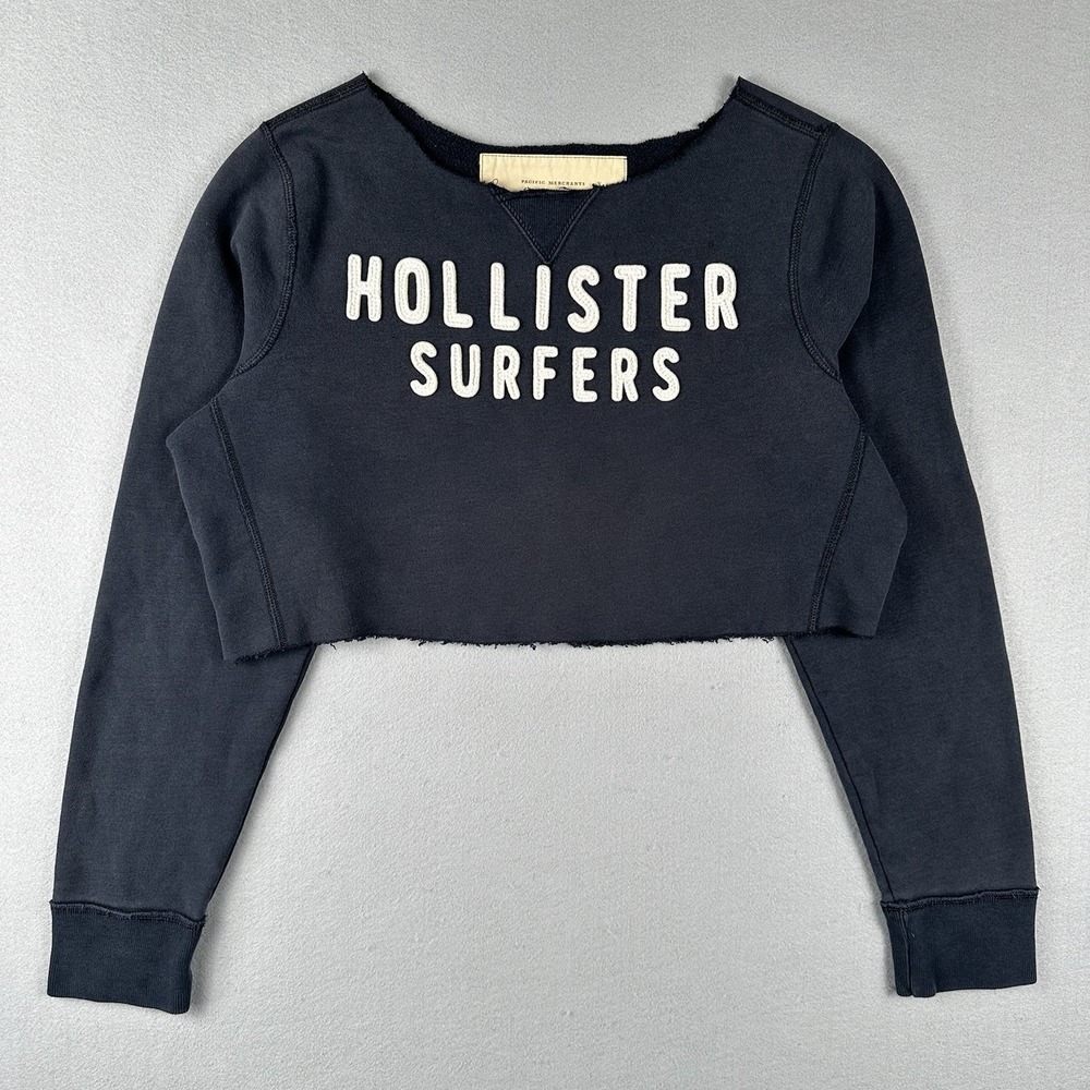 Vtg Y2K Hollister Cropped Sweatshirt Women's‎ Large Blue Surfers Raw Hem Fleece